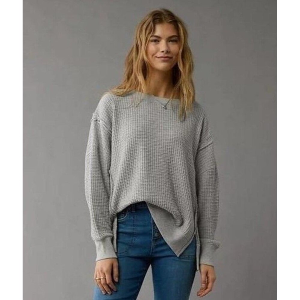 American Eagle Seriously Lived-In Waffle Knit Oversized Sweatshirt Gray Size XS